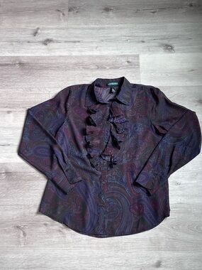 Lauren Ralph Lauren Purple Paisley Ruffle-Front Blouse
